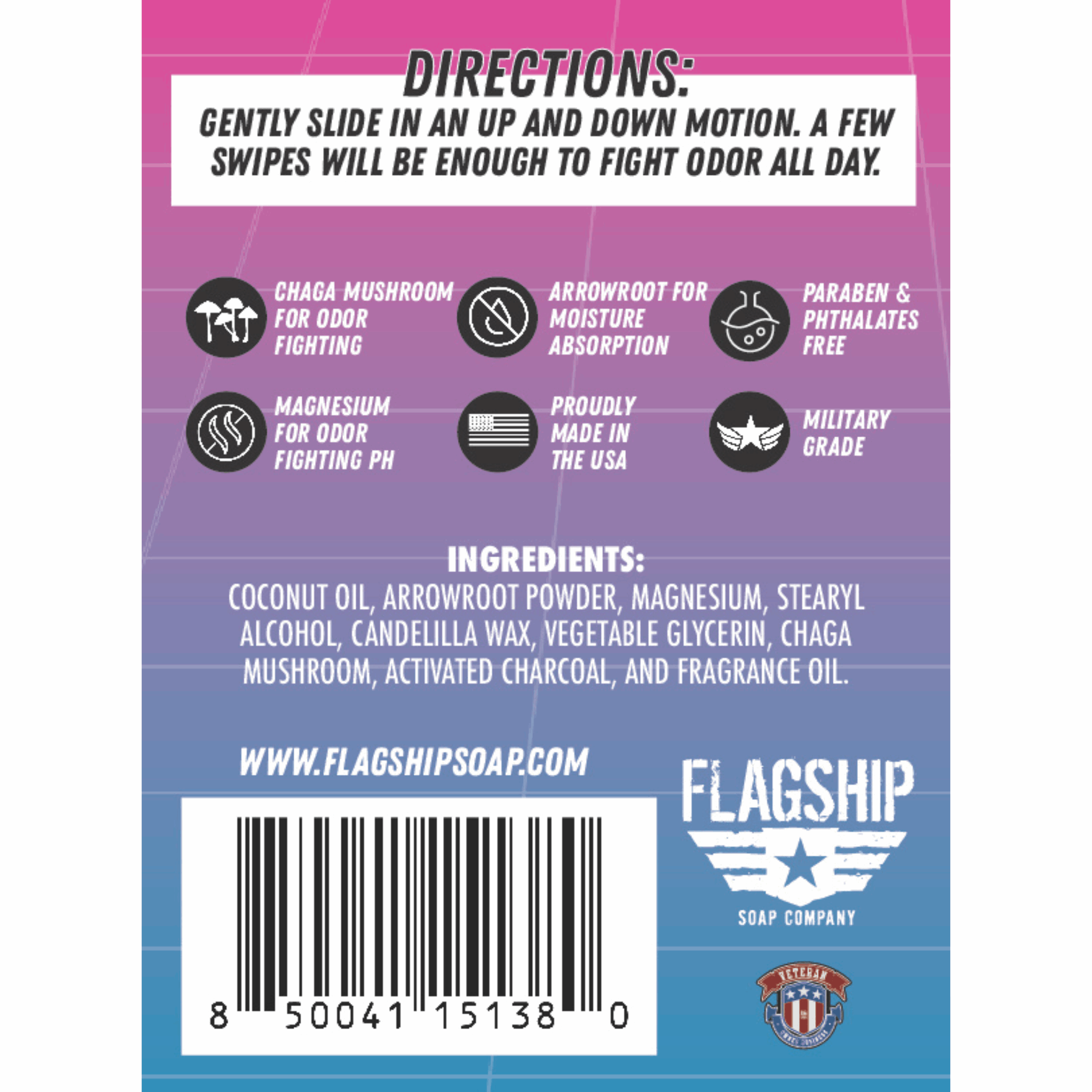 Back Label: Ingredients and key benefits of NARC Natural Deodorant.