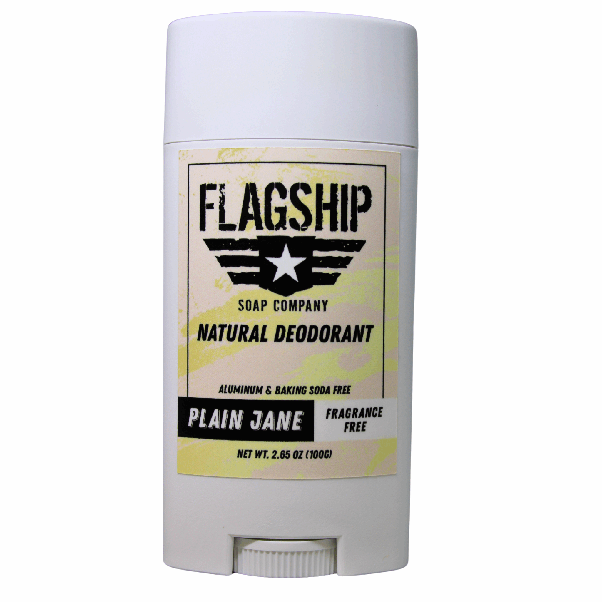 Front Label: Plain Jane Fragrance-Free Natural Deodorant with a simple and minimalistic design.