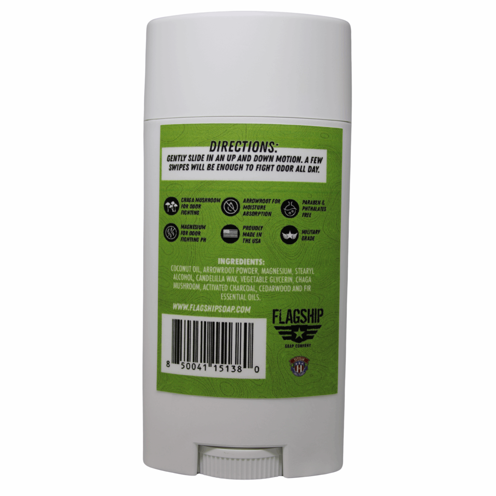 Back of product: Ingredients and product benefits of The Rut Natural Deodorant.
