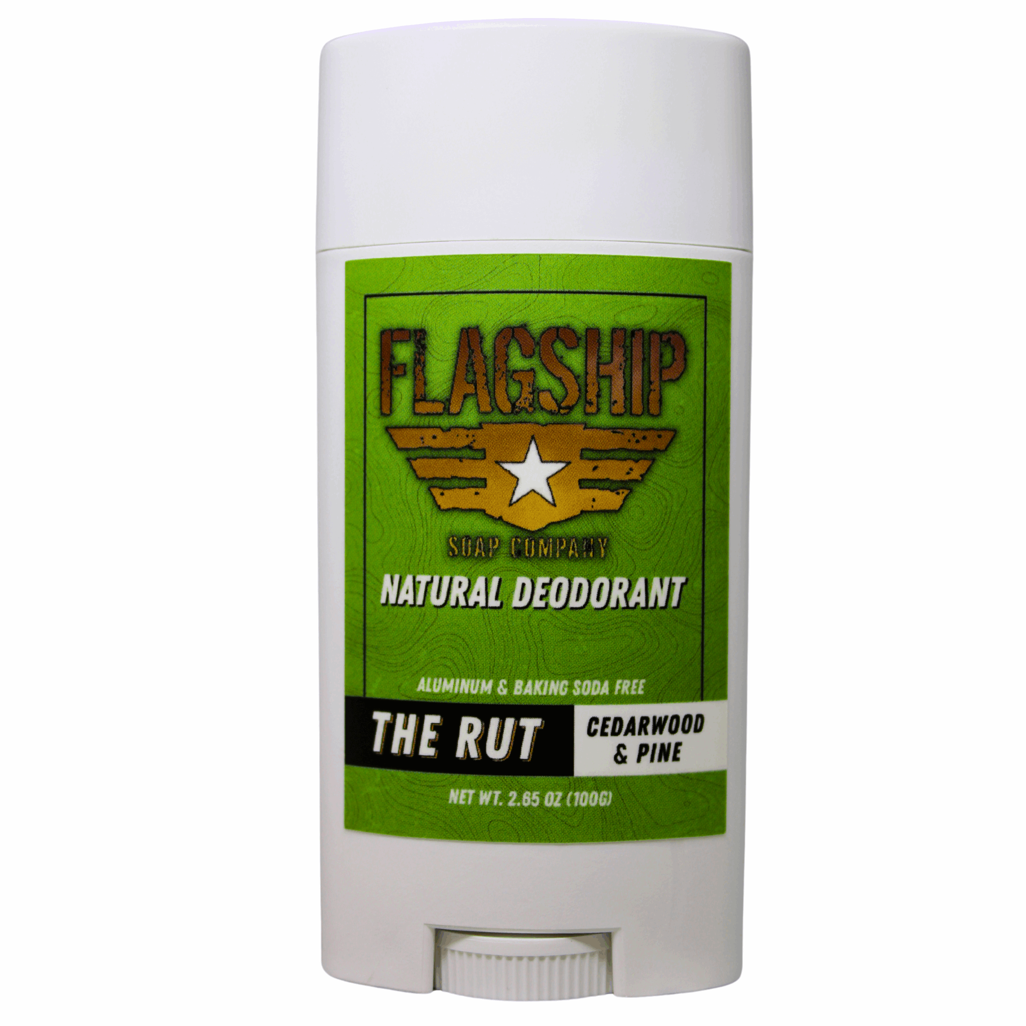Front of product: The Rut Cedarwood & Pine Natural Deodorant in rugged, natural packaging.