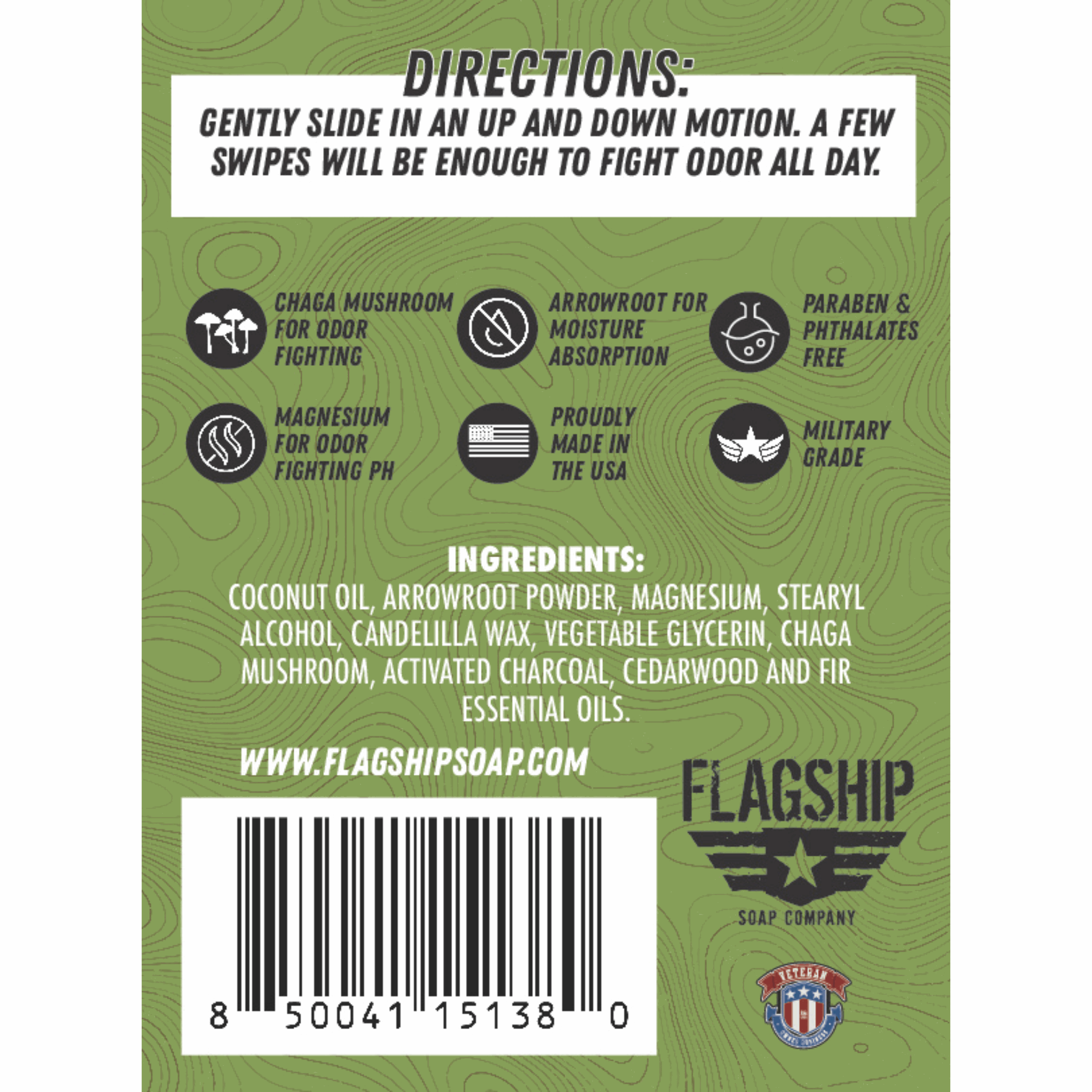 Back Label: Ingredients and product benefits of The Rut Natural Deodorant.