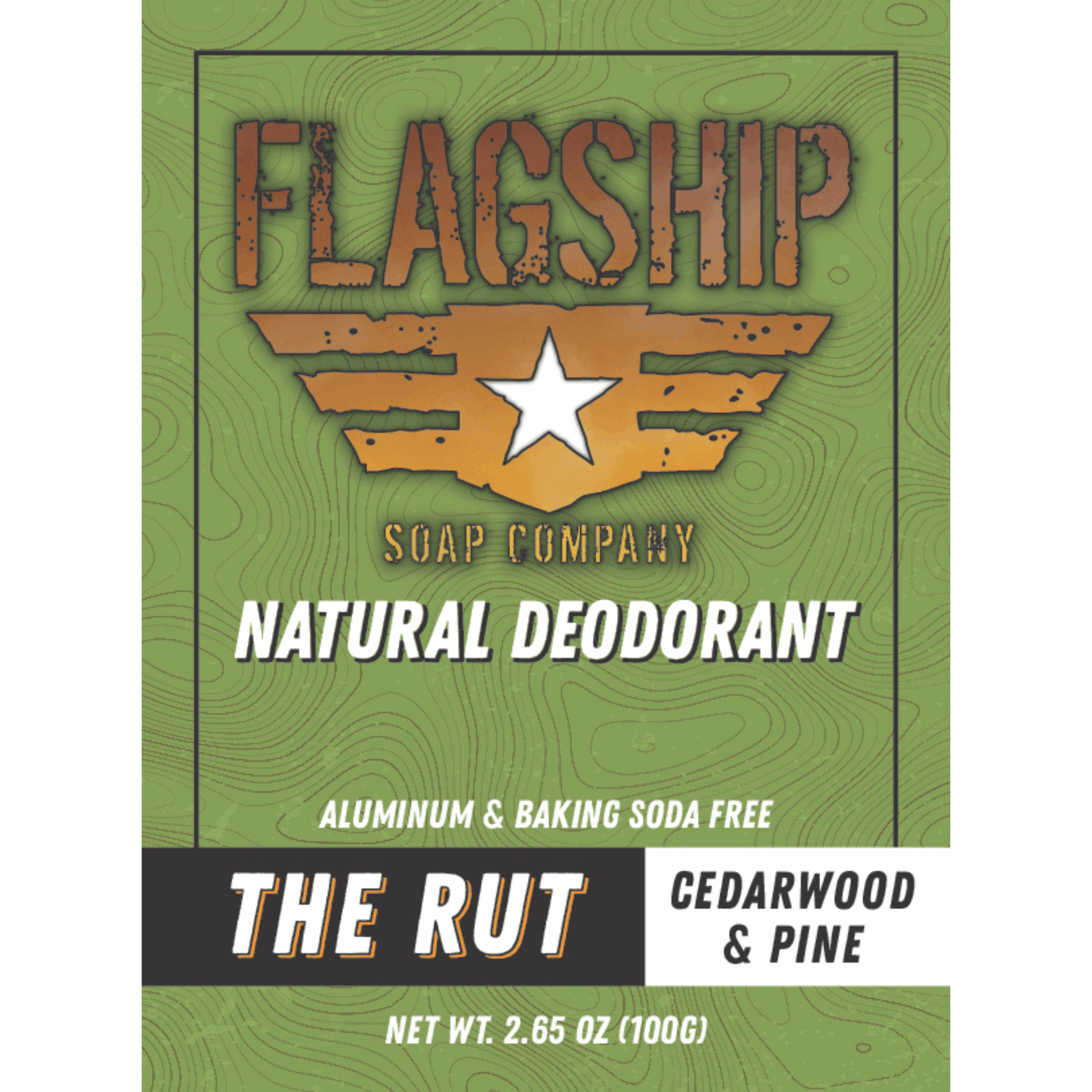 Front Label: The Rut Cedarwood & Pine Natural Deodorant in rugged, natural packaging.