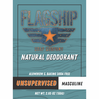 Front Label: UNSUPERVISED Masculine Natural Deodorant with bold, rugged packaging.
