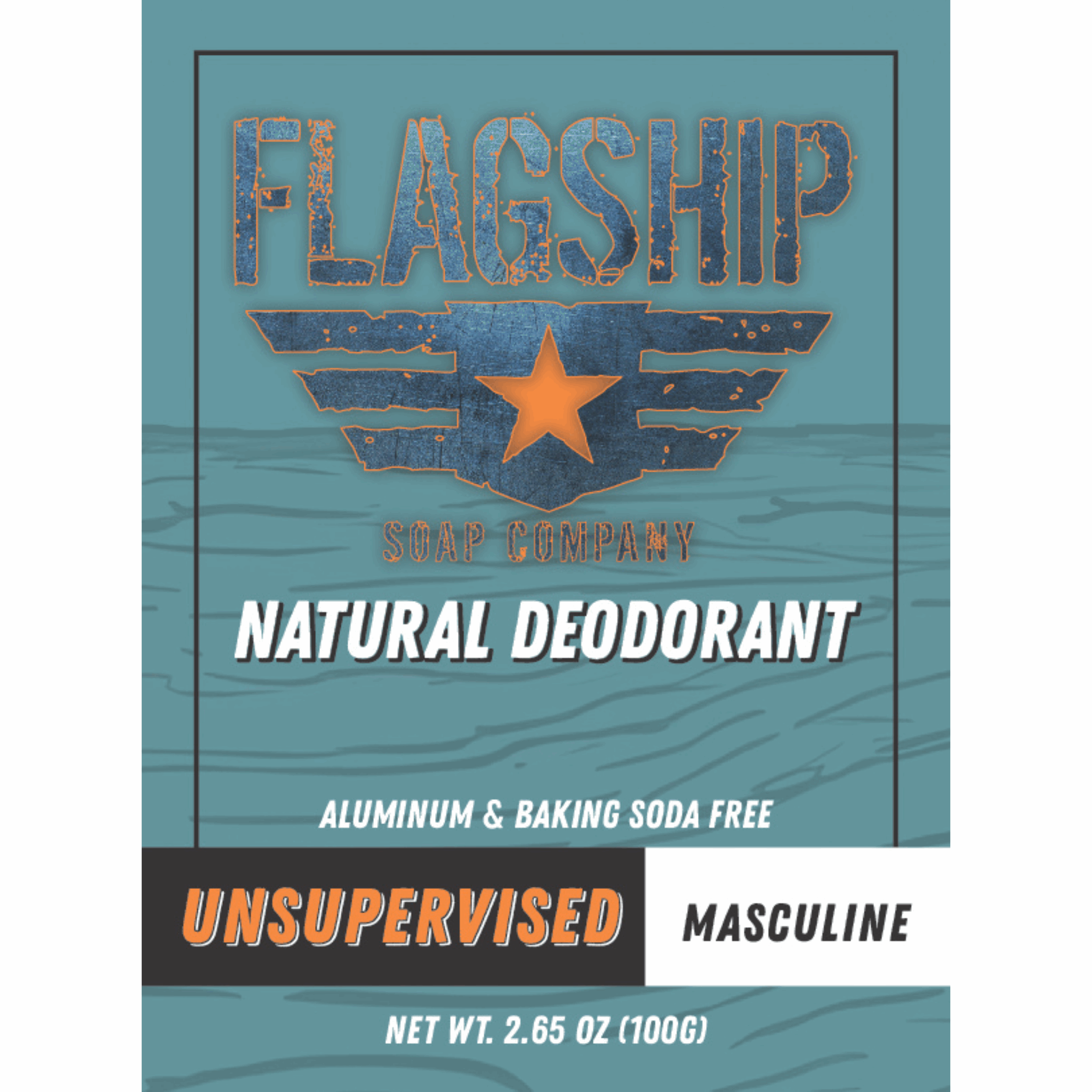 Front Label: UNSUPERVISED Masculine Natural Deodorant with bold, rugged packaging.