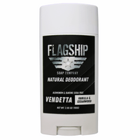 Front Label: Vendetta Vanilla & Cedarwood Women's Natural Deodorant in a sleek, minimalist container with bold branding.