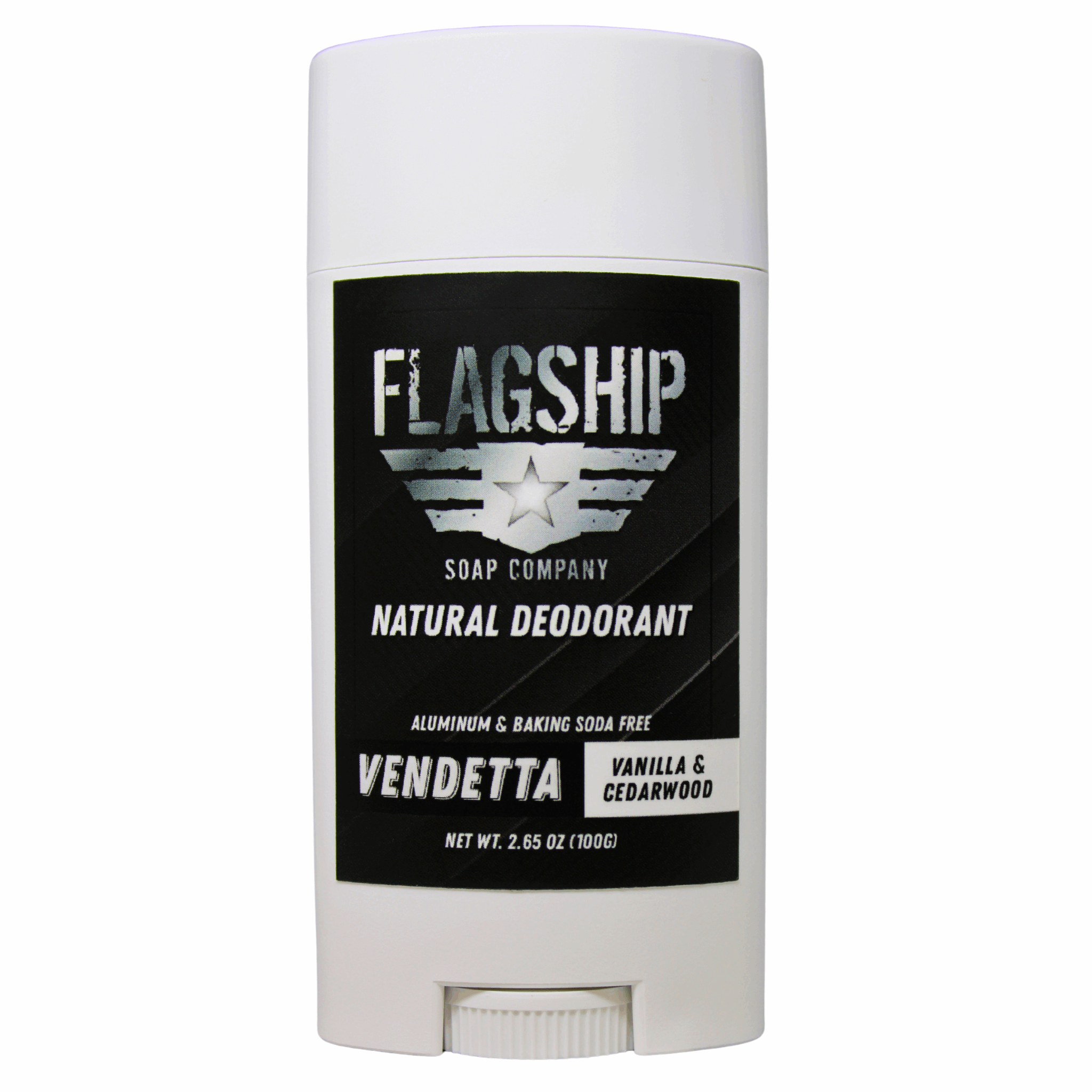 Front Label: Vendetta Vanilla & Cedarwood Women's Natural Deodorant in a sleek, minimalist container with bold branding.