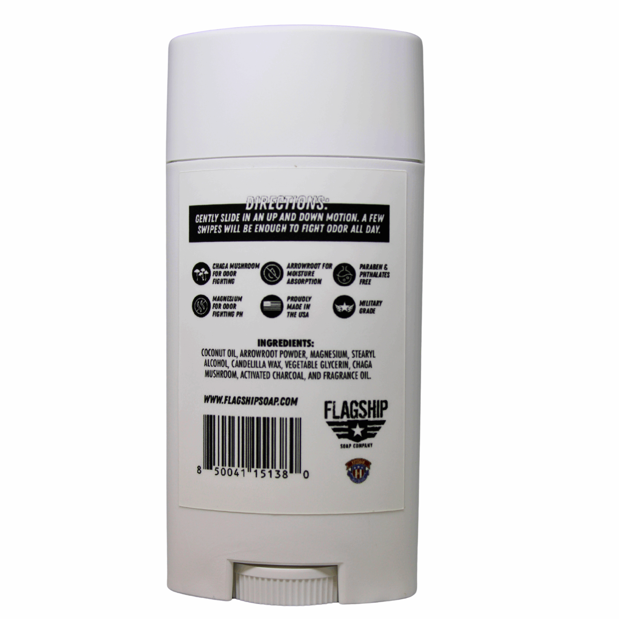 Back Label: Ingredients and key features of Whiskey Girl Natural Deodorant.