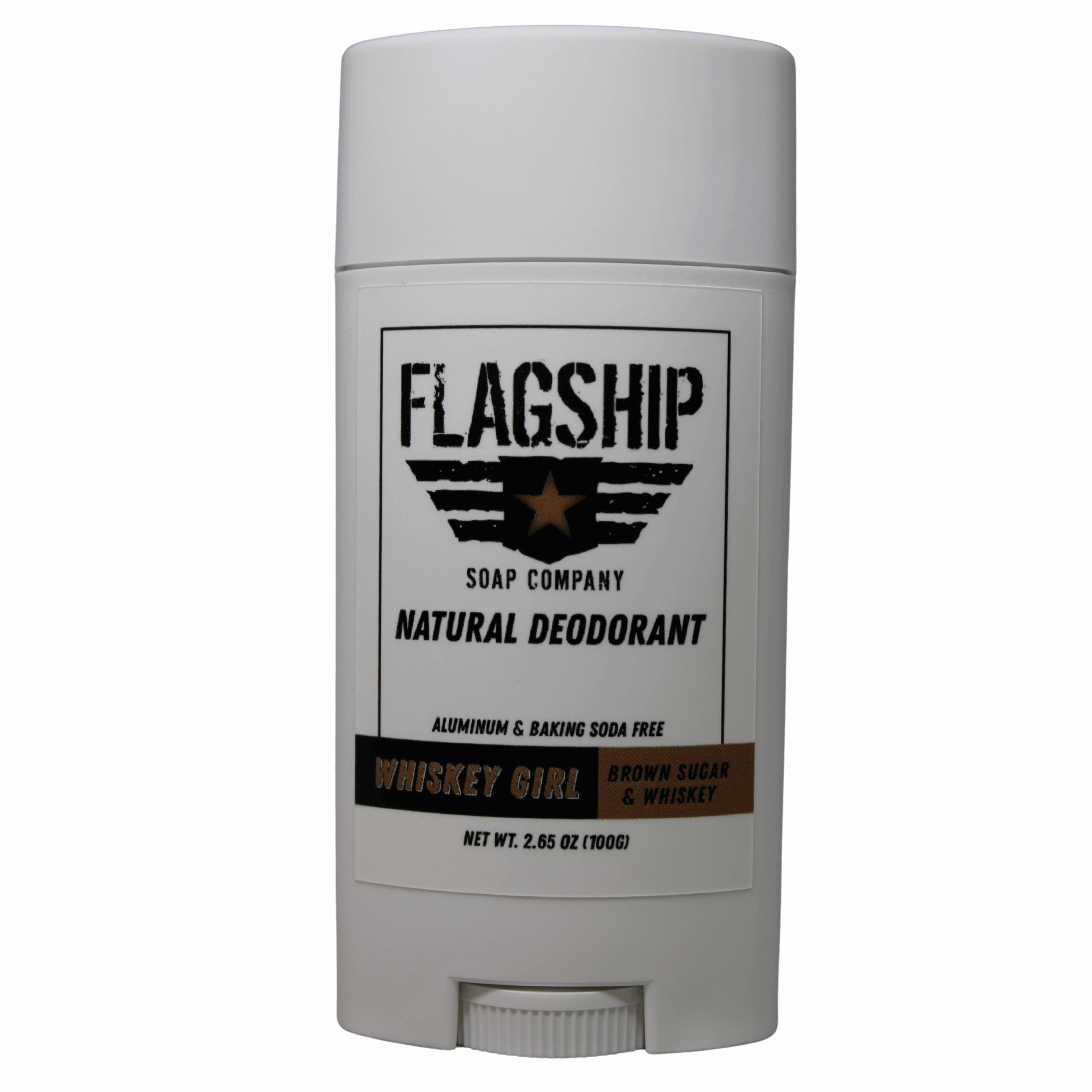 Front Label: Whiskey Girl Women's Natural Deodorant in a sophisticated, earthy design.