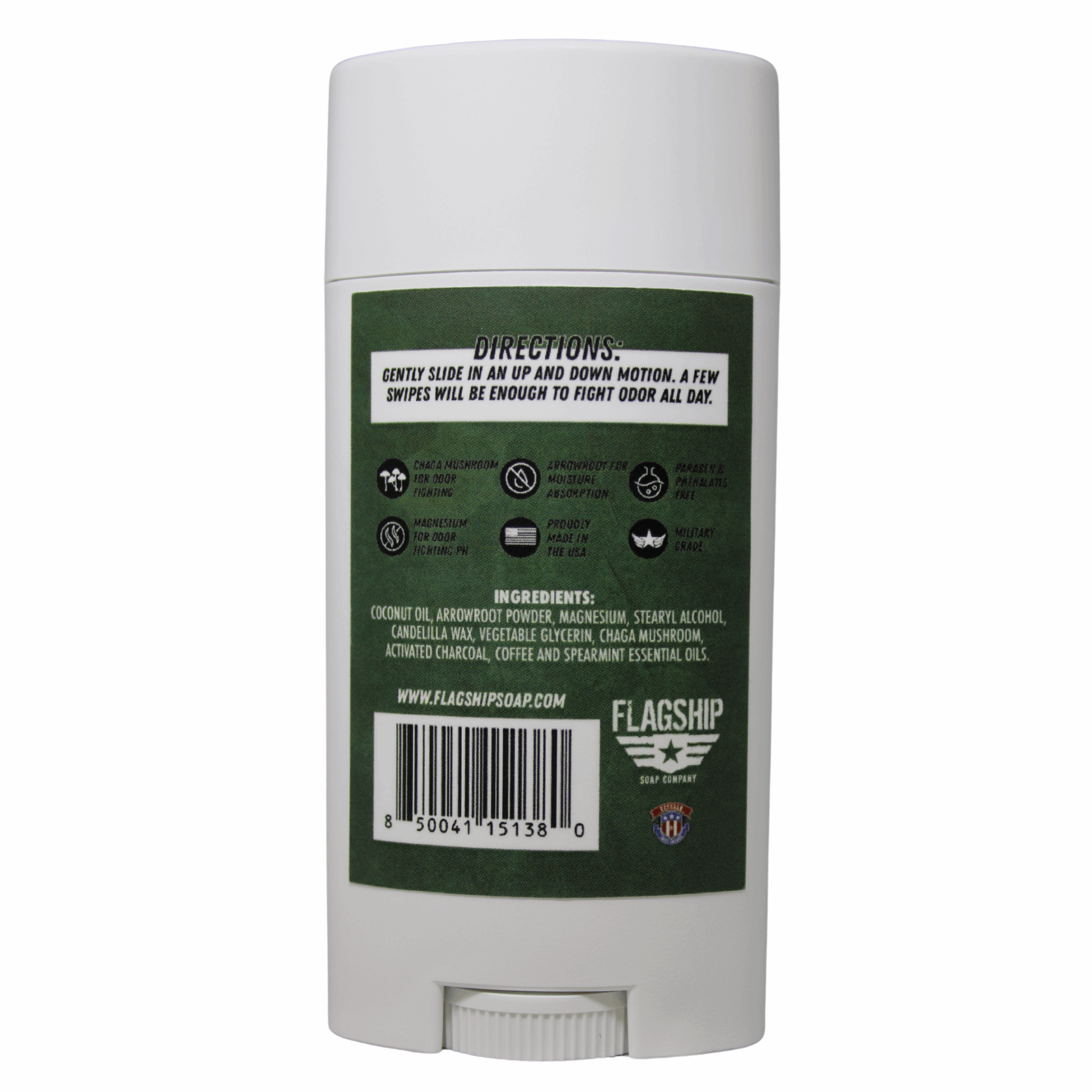 Back of product: Ingredients and key features of Zero Dark 30 Deodorant.