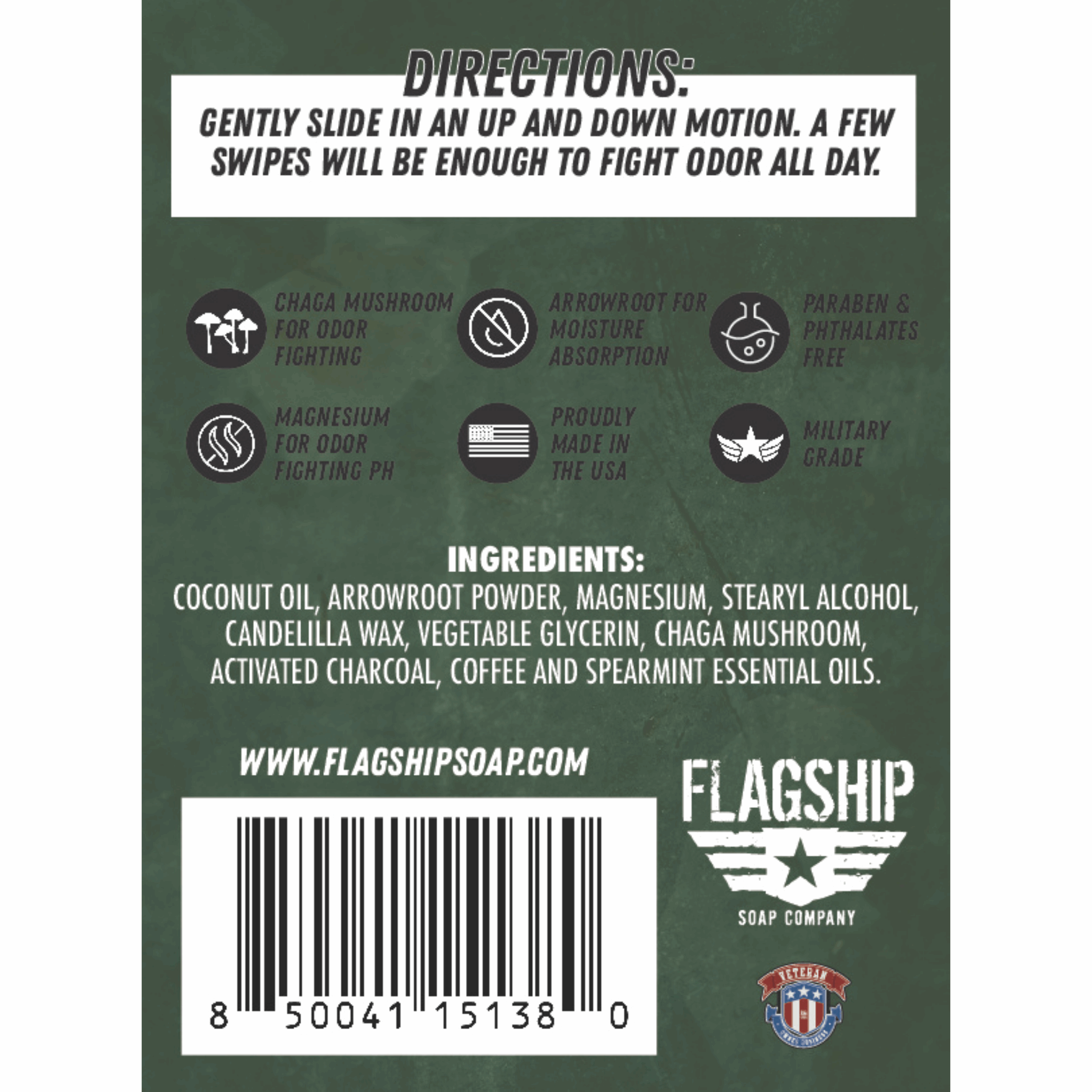 Back Label: Ingredients and key features of Zero Dark 30 Deodorant.