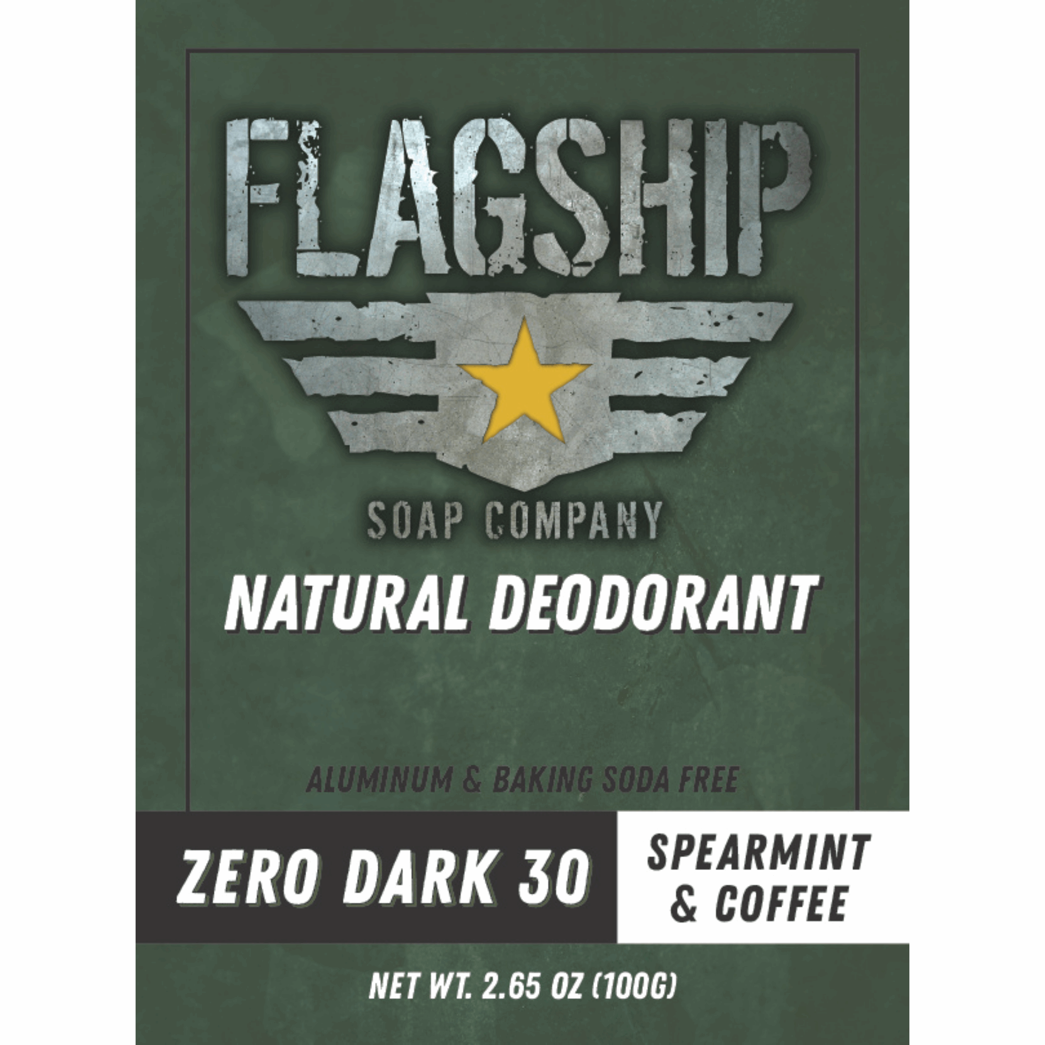 Front Label: Zero Dark 30 Spearmint & Coffee Natural Deodorant in a bold, military-inspired design.