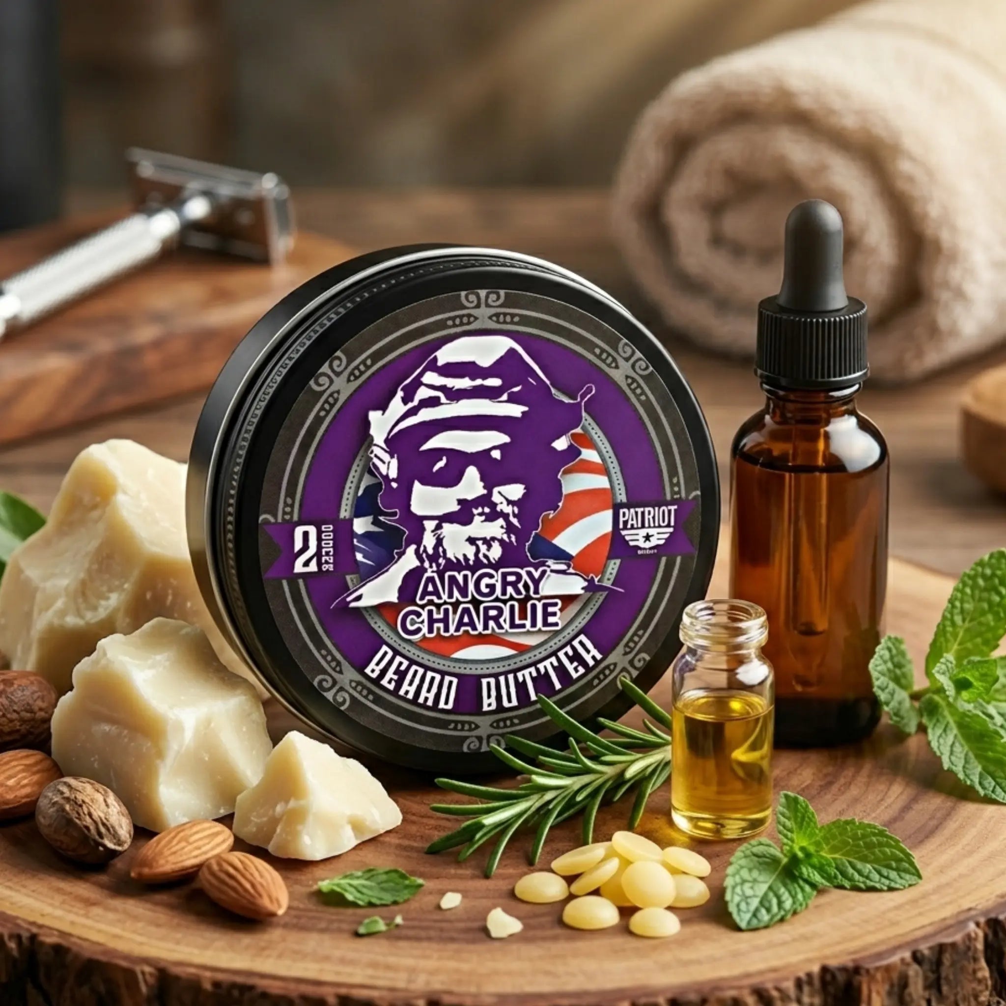 A tin of Angry Charlie beard butter surrounded by natural ingredients: shea butter, vanilla bean, cedarwood sprigs, and rosemary, highlighting the masculine cologne scent.