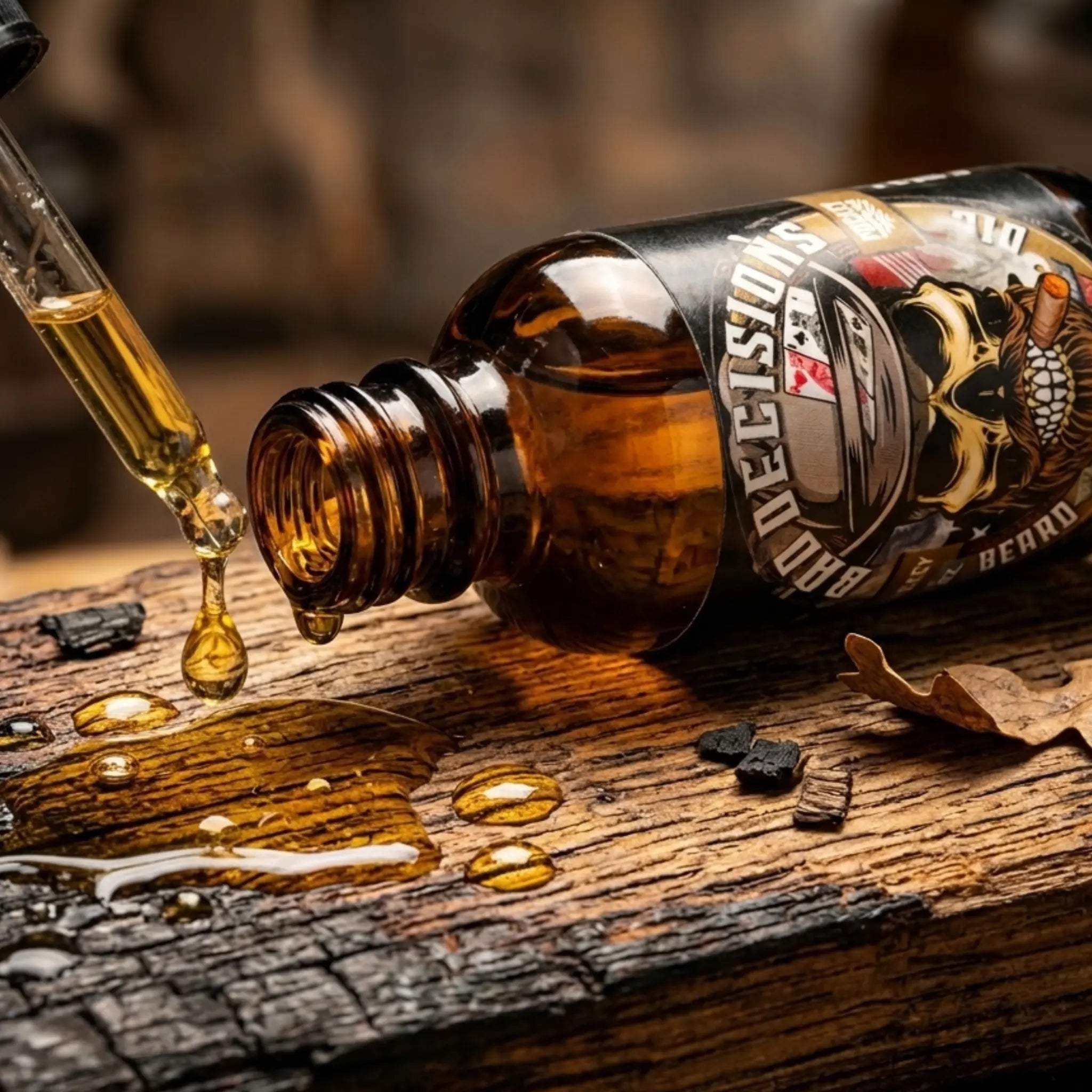 A close-up of Bad Decisions Beard Oil being applied from a glass dropper onto a charred oak surface. The oil features a rugged whiskey and oak scent, formulated with authentic Buffalo Trace Bourbon for hair health.