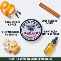 Bad Santa Beard Balm ingredients and benefits infographic - natural, veteran-owned