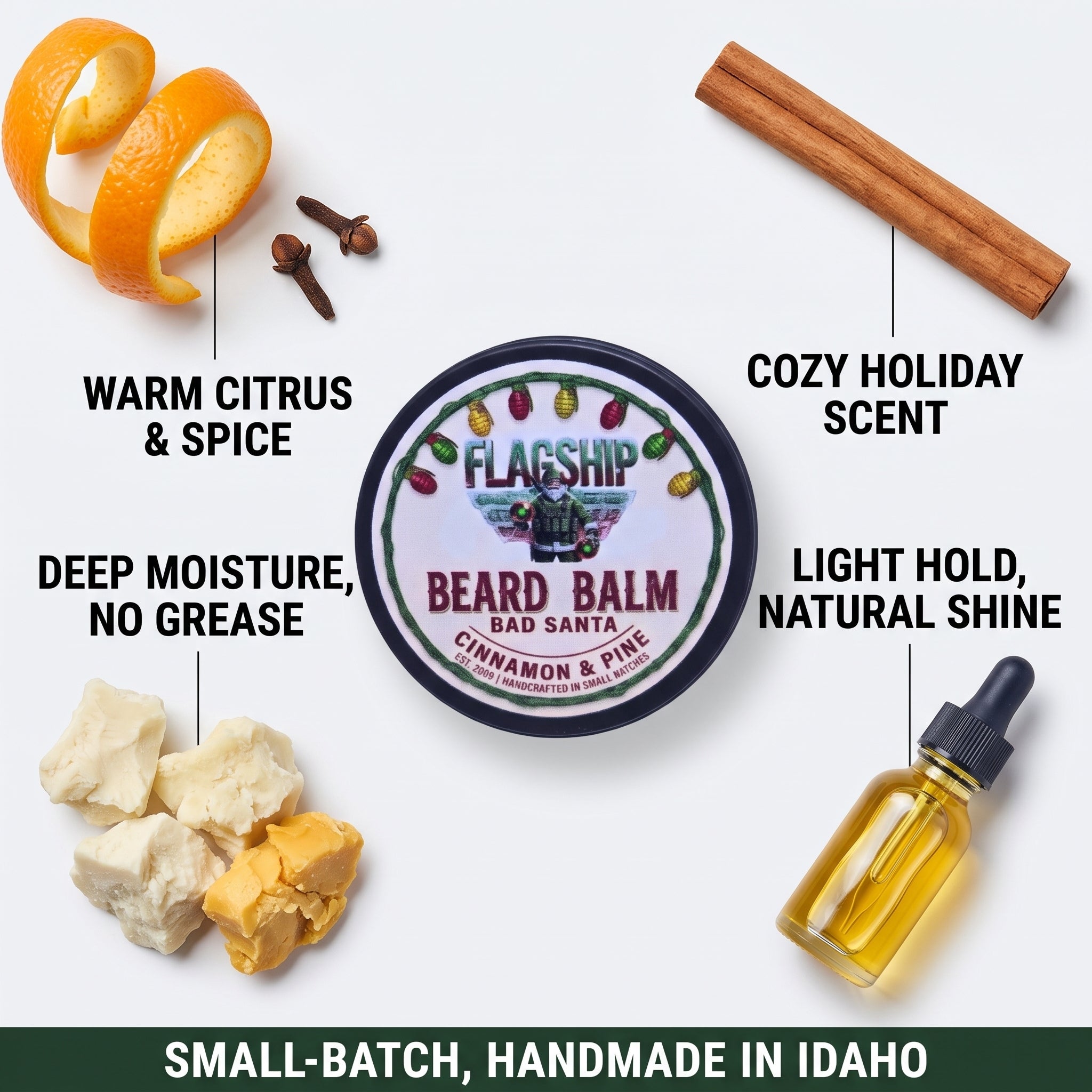 Bad Santa Beard Balm ingredients and benefits infographic - natural, veteran-owned