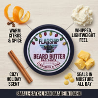 Bad Santa Beard Butter ingredients and benefits infographic - natural, veteran-owned