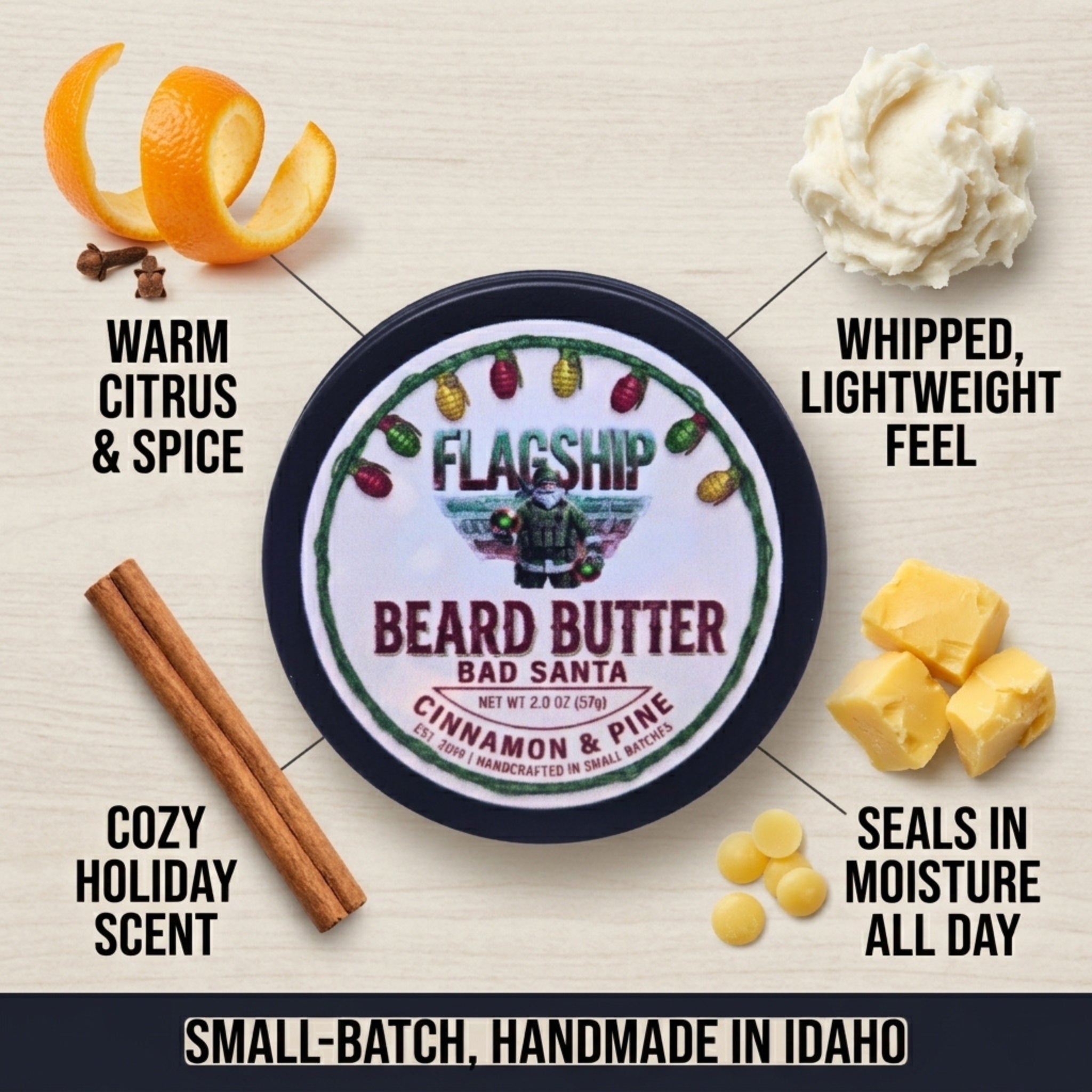 Bad Santa Beard Butter ingredients and benefits infographic - natural, veteran-owned