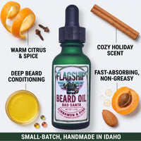 Bad Santa Beard Oil ingredients and benefits infographic - natural, veteran-owned
