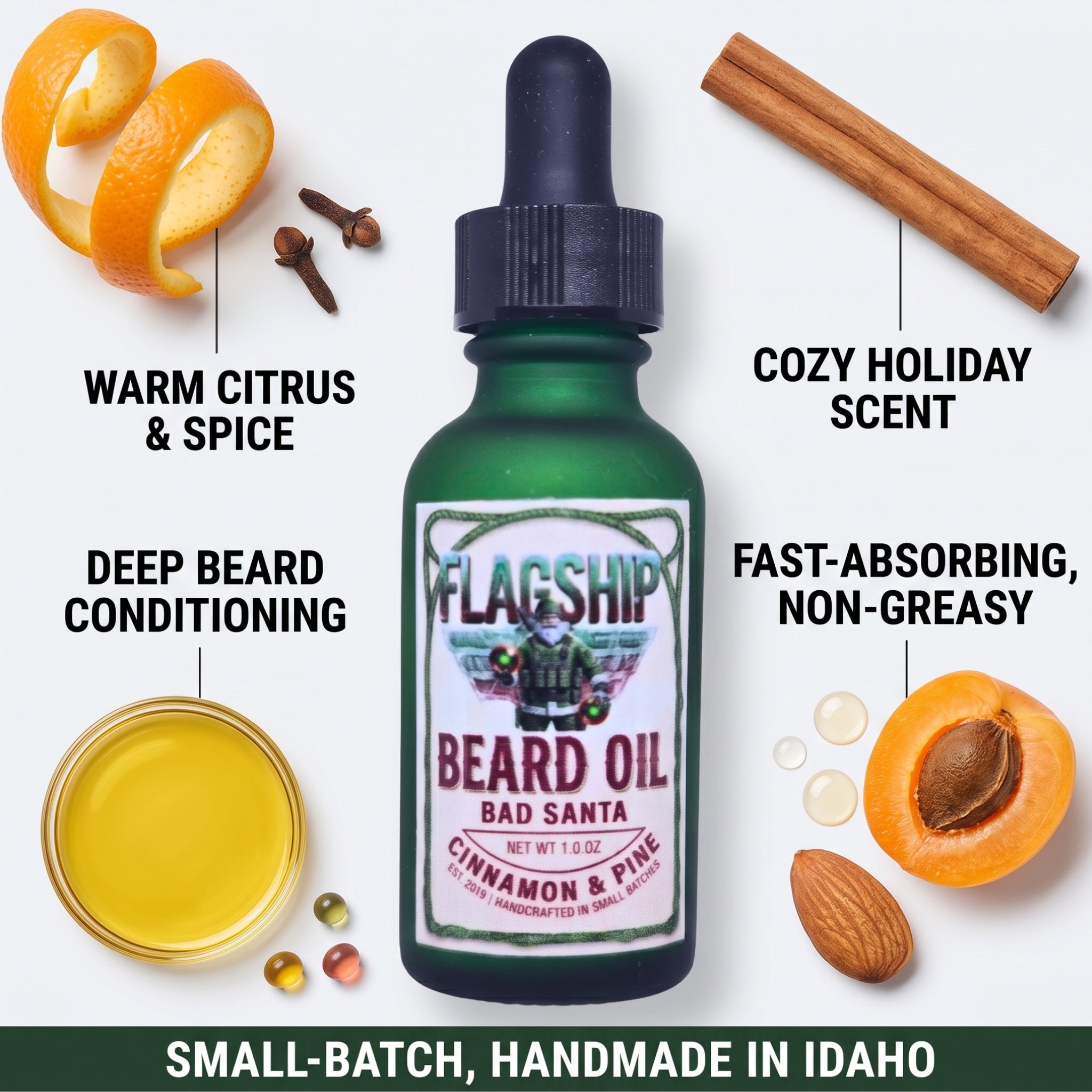Bad Santa Beard Oil ingredients and benefits infographic - natural, veteran-owned