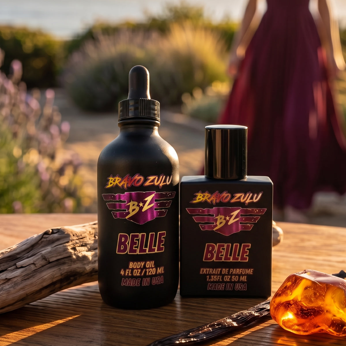 Bravo Zulu BELLE Body Oil bottle, close-up view