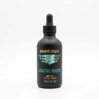 Bravo Zulu Coastal Recon Body Oil dropper bottle studio product shot on white background, matte black glass with turquoise and gold Bravo Zulu B★Z logo, 4 fl oz / 120 mL