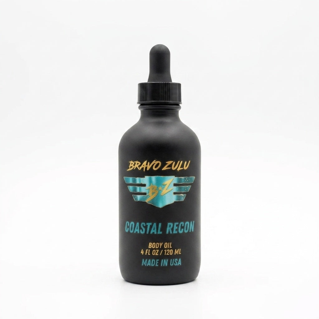 Bravo Zulu Coastal Recon Body Oil dropper bottle studio product shot on white background, matte black glass with turquoise and gold Bravo Zulu B★Z logo, 4 fl oz / 120 mL