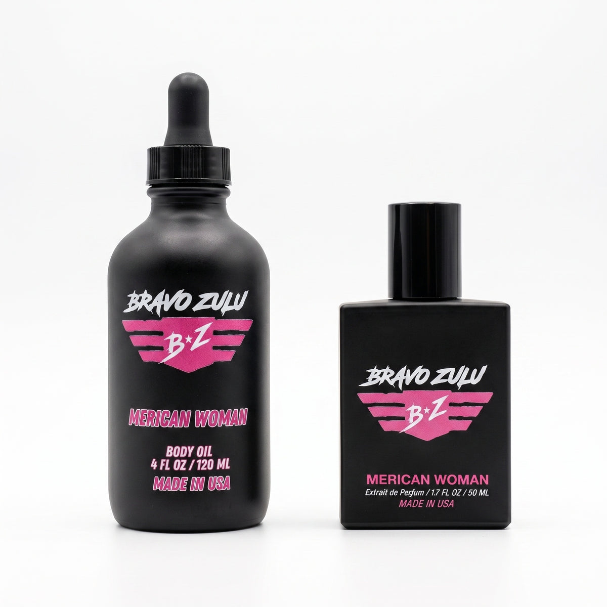 Bravo Zulu MERICAN WOMAN Body Oil bottle, close-up view