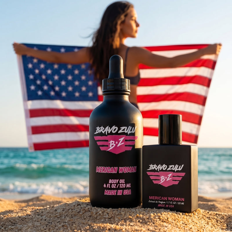 Bravo Zulu MERICAN WOMAN Body Oil bottle, front view