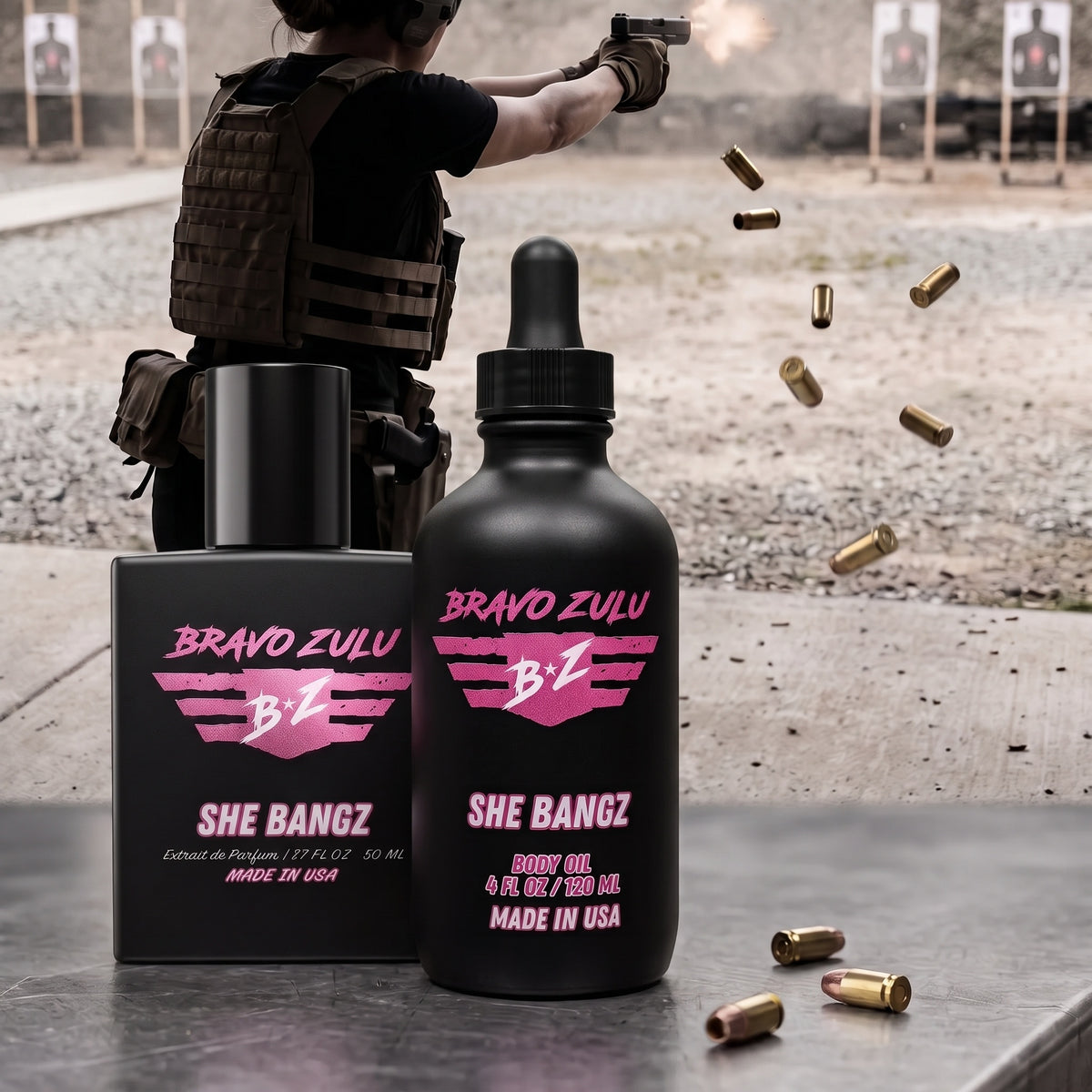 Bravo Zulu SHE BANGZ Body Oil bottle, angled view