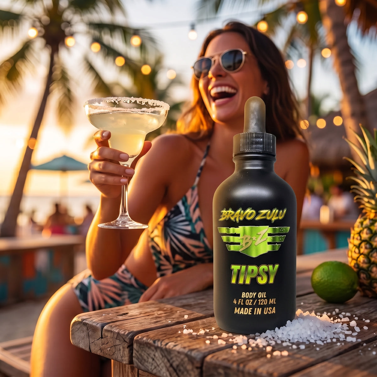Bravo Zulu Tipsy Body Oil and Extrait de Parfum bottles at a tropical beach bar with palm trees and a margarita, lime-green and black Bravo Zulu B★Z logo