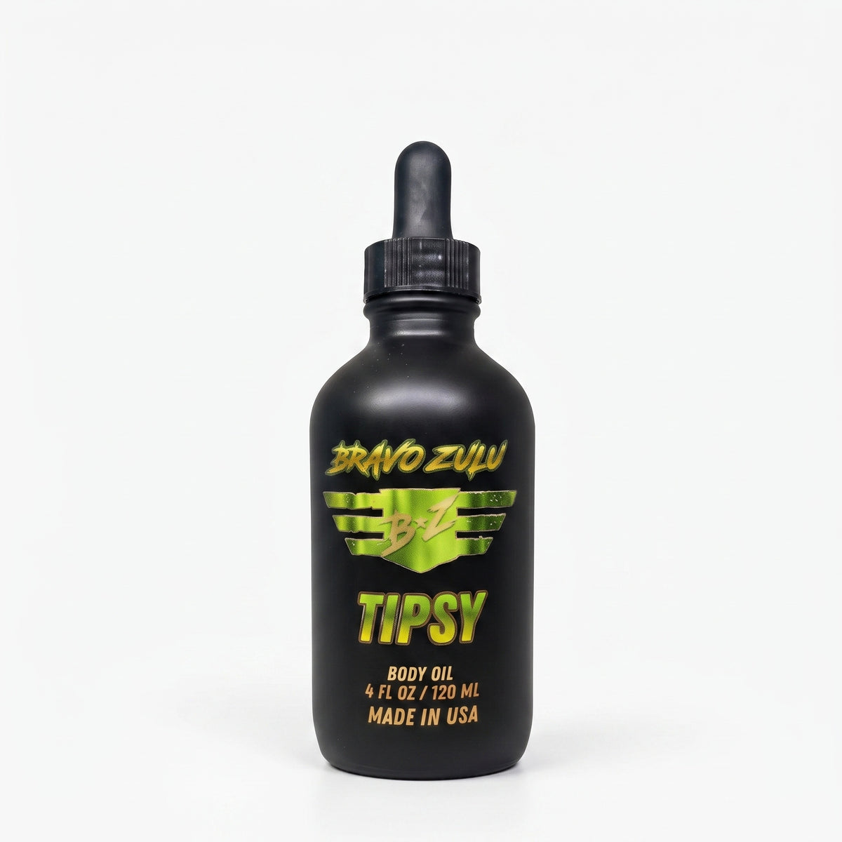 Bravo Zulu Tipsy Body Oil dropper bottle studio product shot on white background, matte black glass with lime-green Bravo Zulu B★Z logo, 4 fl oz / 120 mL