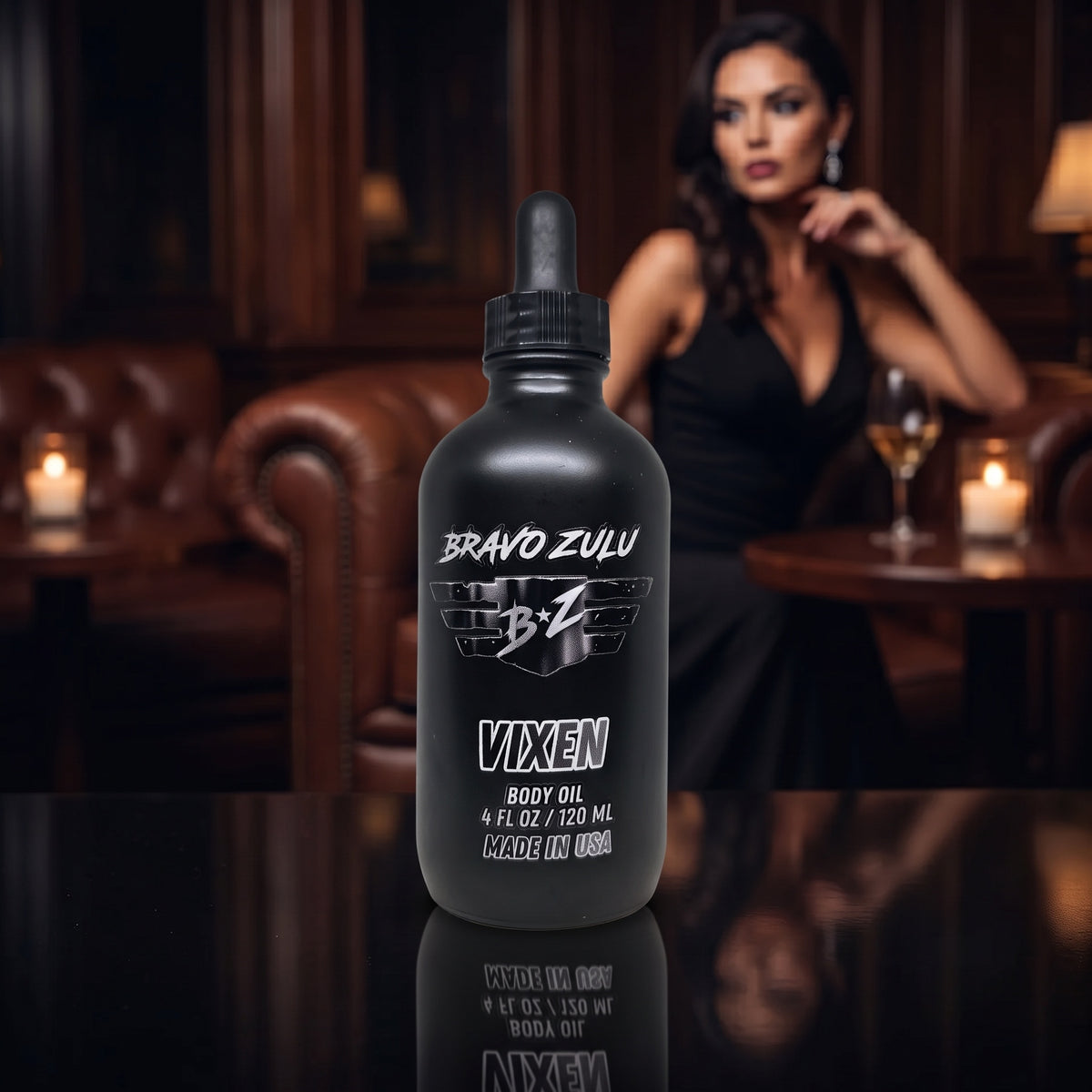 Bravo Zulu Vixen Body Oil dropper bottle, matte black glass with silver Bravo Zulu B★Z logo, 4 fl oz / 120 mL