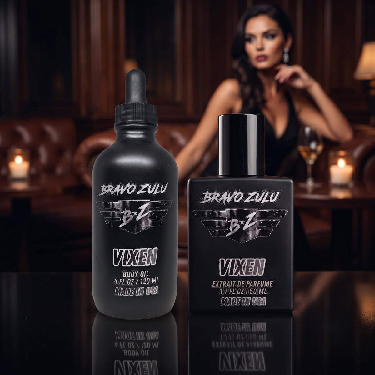 Bravo Zulu VIXEN Body Oil bottle, angled view