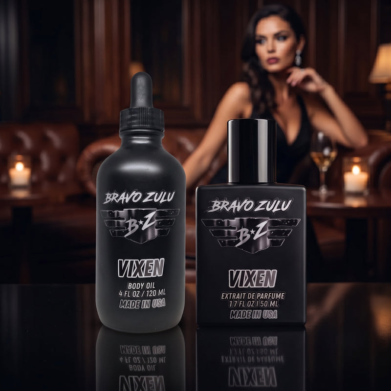 Bravo Zulu VIXEN Body Oil bottle, angled view