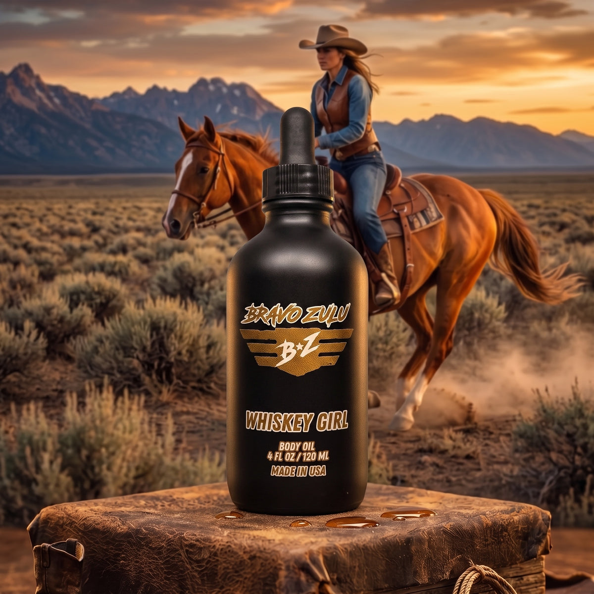 Bravo Zulu Whiskey Girl Body Oil dropper bottle, matte black glass with gold Bravo Zulu B★Z logo, 4 fl oz / 120 mL