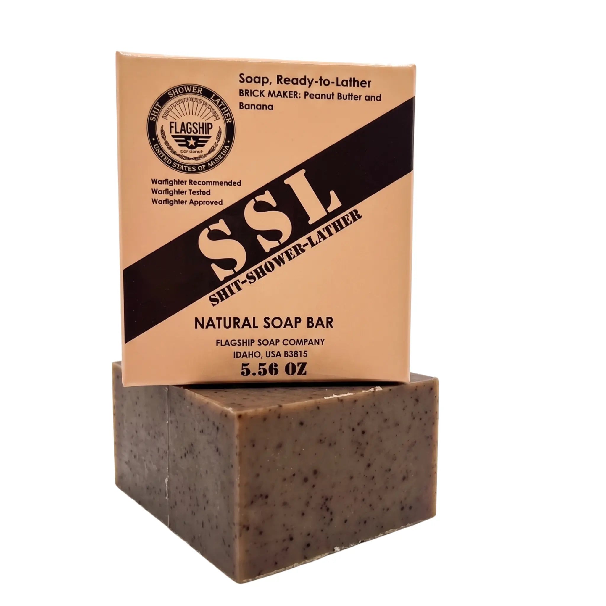 The back of the Flagship Soap Company "Brick Maker" box, clearly stating the flavor/scent profile: "Brick Maker - Peanut Butter and Banana," inspired by military MREs. This large, hydrating bar is designed for deep-cleansing without drying the skin. Features walnut shells and cocoa for medium exfoliation.