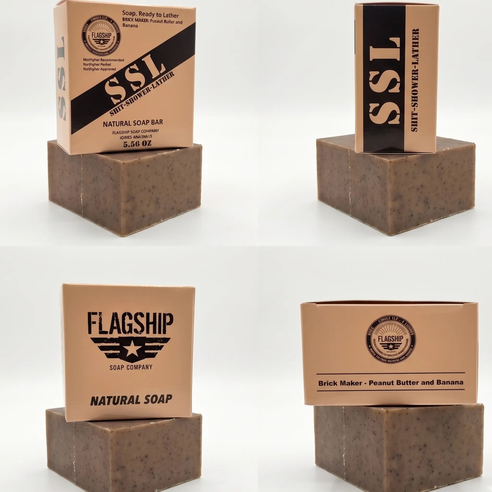 A clean, quad-view product collage (4 images on a white background) showing every angle of the Flagship Soap Company "Brick Maker" soap (5.56 OZ). Clockwise from top-left: Angled front view, side view with "SSL" acronym, back view of the box stating "Brick Maker - Peanut Butter and Banana," and angled back view with full logo. This comprehensive view highlights the massive bar size, its medium-grit texture, and the full MRE-inspired tactical details. Handcrafted, long-lasting, and non-stripping