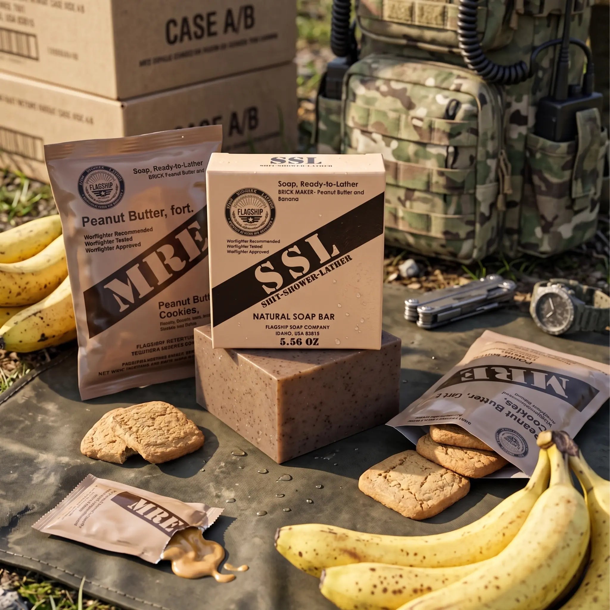 A tactical, outdoor scene featuring the "Brick Maker" soap alongside actual MRE items: brown MRE pouches of "Peanut Butter" and "Peanut Butter Cookies," a spoon with creamy peanut butter, and a bundle of ripe bananas. In the background are military-style cardboard cases and a camo rucksack with a radio, perfectly capturing the MRE Peanut Butter and Banana scent profile and tactical vibe