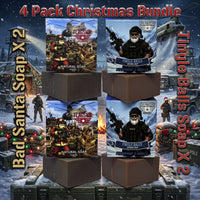 Naughty List Christmas soap 4-pack: 2 Bad Santa and 2 Tingle Balls natural soap boxes and bars on a snowy military base