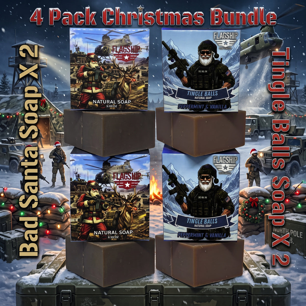 Naughty List Christmas soap 4-pack: 2 Bad Santa and 2 Tingle Balls natural soap boxes and bars on a snowy military base