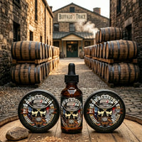 A full set of Bad Decisions beard care products, including beard oil and beard butter tins, displayed in front of the Buffalo Trace Distillery barrel houses. All products feature the signature Buffalo Trace Bourbon scent.