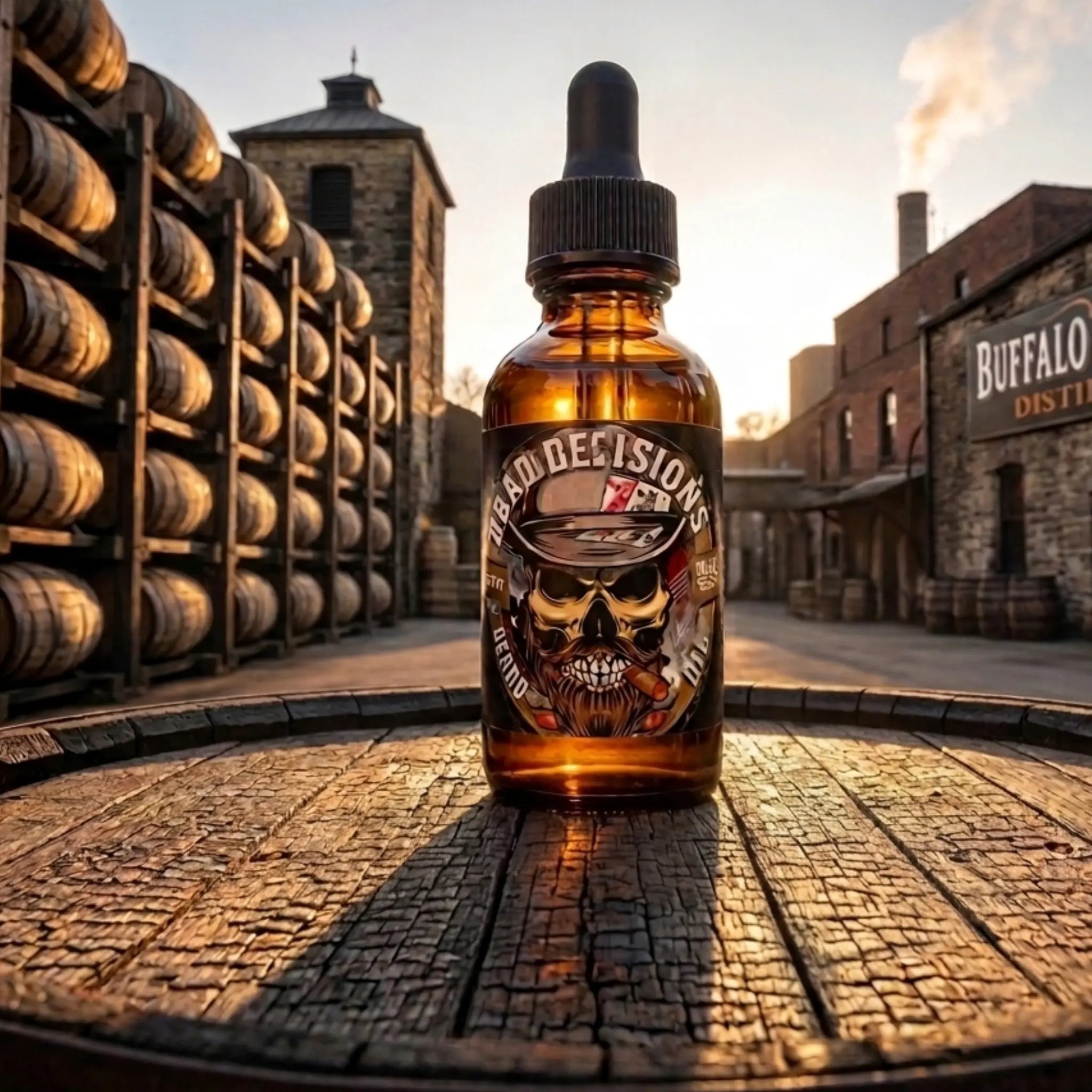 A bottle of Flagship Soap Company Bad Decisions Beard Oil standing on a wooden barrel at the Buffalo Trace Distillery. The label features a bearded skull and the product is infused with real Buffalo Trace Whiskey.