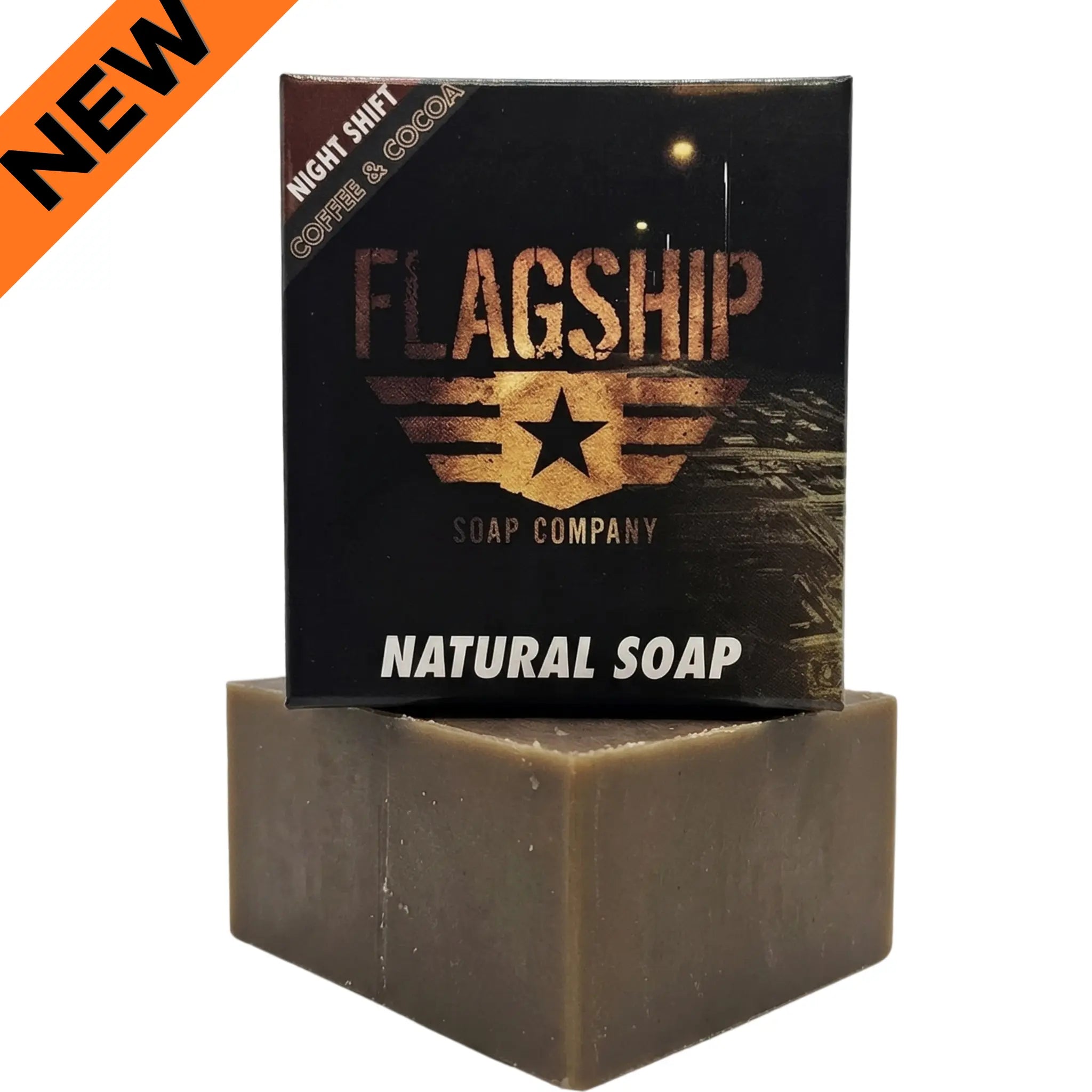 Flagship Soap Company Night Shift natural soap bar with a scent of fresh brewed coffee and cocoa, featuring skin-soothing cocoa powder benefits on a clean white background.  New Release