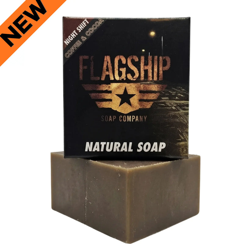 Flagship Soap Company Night Shift natural soap bar with a scent of fresh brewed coffee and cocoa, featuring skin-soothing cocoa powder benefits on a clean white background.  New Release