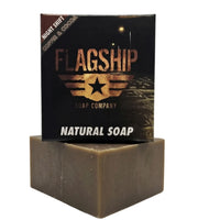 Flagship Soap Company Night Shift natural soap bar with a scent of fresh brewed coffee and cocoa, featuring skin-soothing cocoa powder benefits on a clean white background.