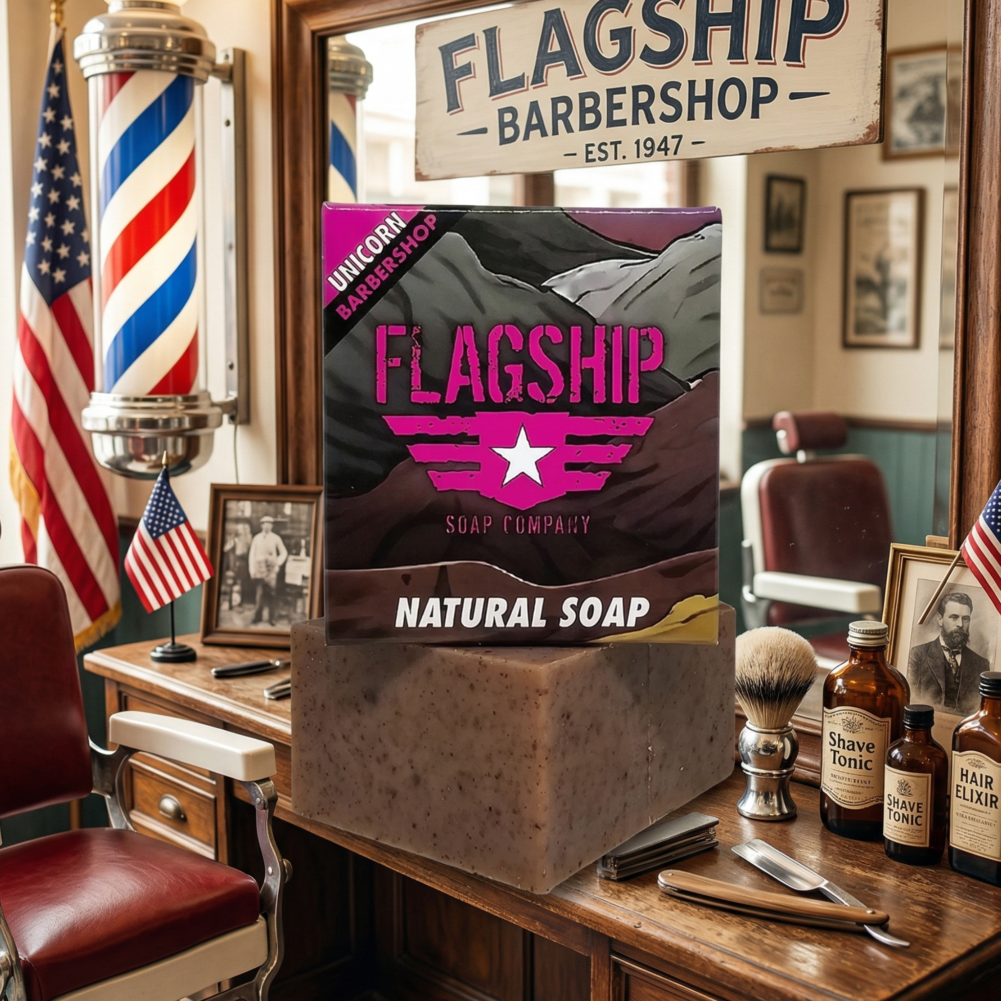 A bar of Flagship Soap Co. Unicorn Barbershop natural soap on a vintage wooden barber station featuring a red leather chair, American flags, and classic grooming tools.