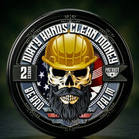 Flagship Soap Company Dirty Hands Clean Money Beard Balm in a 2oz plastic jar with a screw-on lid. Designed to soften coarse hair, prevent beard itch, and maintain healthy skin and hair underneath. Scent Profile: Rugged Leather and Oakmoss. Lifestyle: Dedicated to the blue-collar workforce.