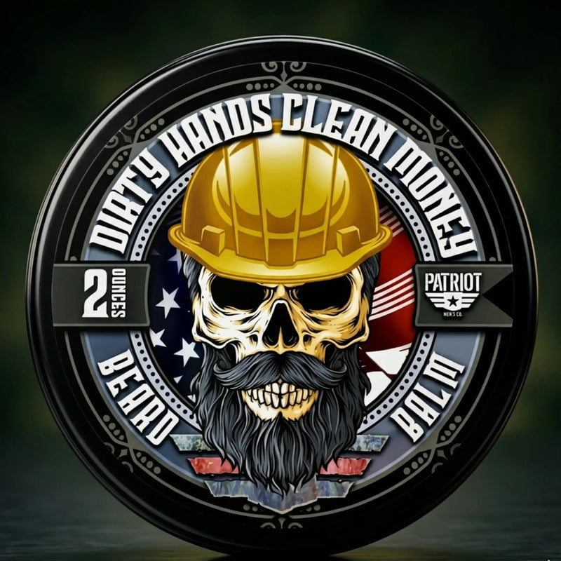 Flagship Soap Company Dirty Hands Clean Money Beard Balm in a 2oz plastic jar with a screw-on lid. Designed to soften coarse hair, prevent beard itch, and maintain healthy skin and hair underneath. Scent Profile: Rugged Leather and Oakmoss. Lifestyle: Dedicated to the blue-collar workforce.