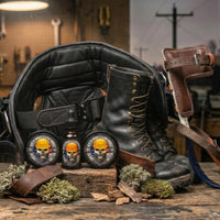 A visual scent profile of the 'Dirty Hands Clean Money' beard collection for Flagship Soap. On a weathered wooden workbench, three products—beard butter, oil, and balm—are centered in front of a lineman's climbing belt and heavy leather boots. Surrounding the products are raw scent elements: thick strips of dark, worn leather and clumps of natural green oakmoss and wood bark. The background features a blurred workshop with tools and a power line poster, emphasizing a rugged, earthy aesthetic through natural