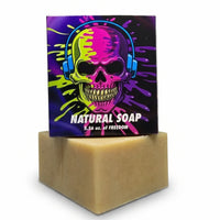 Flagship Soap Company 5.56 oz. of Freedom natural soap with vibrant neon skull artwork on a clean white background.